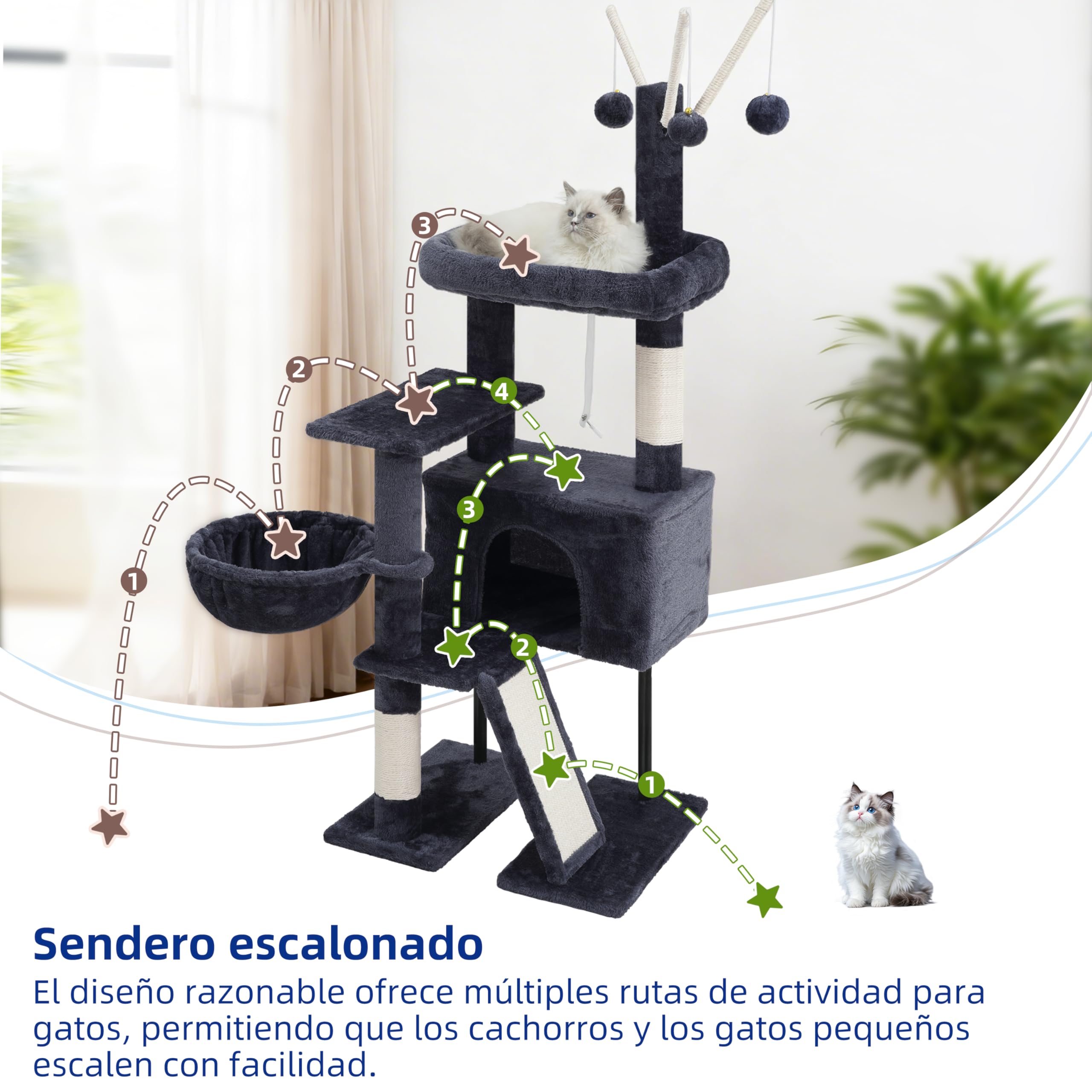 Gitelsnour Rascador para Gatos de Interior, Árbol para Gatos para Gatitos, con Postes, Plataforma Superior Desmontable, Pompones, Cuevas, Cestas, Gris Ahumado GCT006SG — view 6