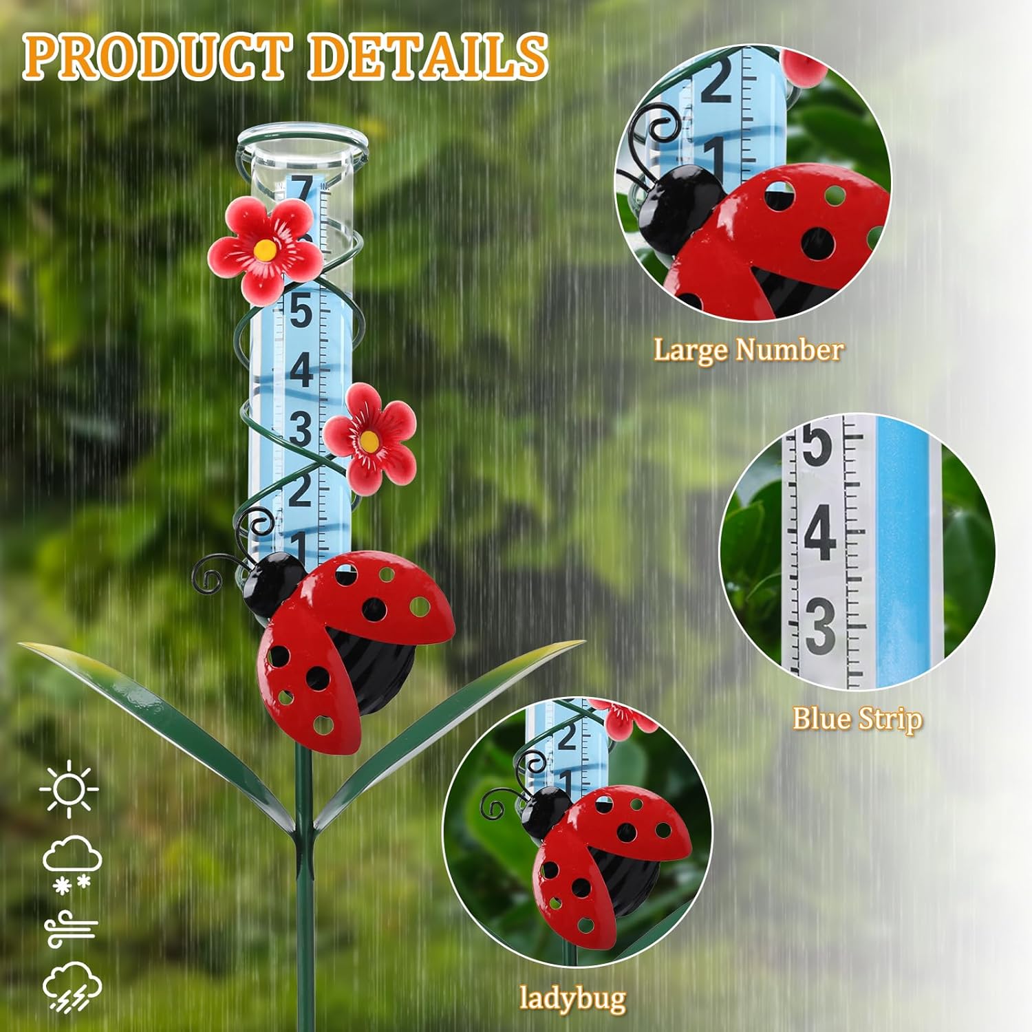 WONDER GARDEN Decorative Rain Gauges Outdoors Best Rated, Freeze Proof Glass Water Rain Measure Gauge with Blue Bead for Yard Patio Lawn Decor