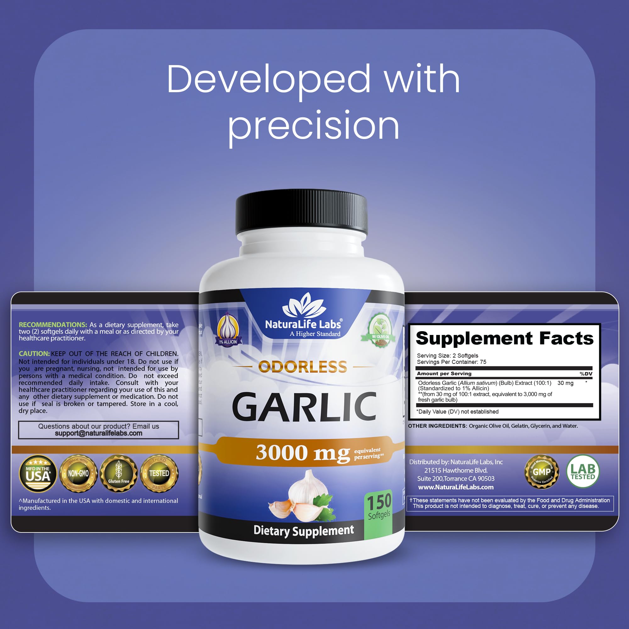 NaturaLife Labs Odorless Garlic 100:1 Concentrated Garlic Extract with Olive Oil, 1% Allicin, 150 Softgels, Non-GMO, Gluten-Free — Amazon image 8