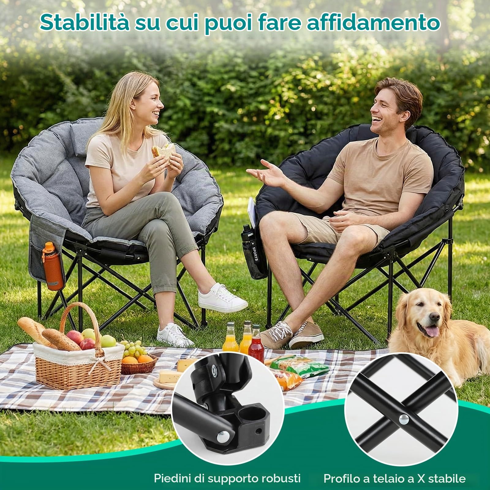 LIFERUN Sedia Pieghevole da Campeggio 150KG, Sedia da Campo Portatile, Moonchair imbottita XXL, con Poggiatesta, Tasca Laterale, borsa per il trasporto, per Giardino, Spiaggia, Trekking, Pesca, Nero