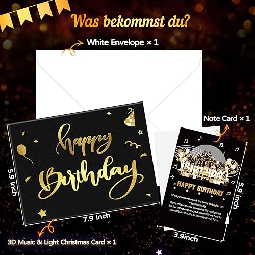 Miniatura 5 de Tarjeta de cumpleaños, tarjetas de cumpleaños musicales desplegables con luces de fuegos artificiales, vela de luz LED soplada y reproduce música de