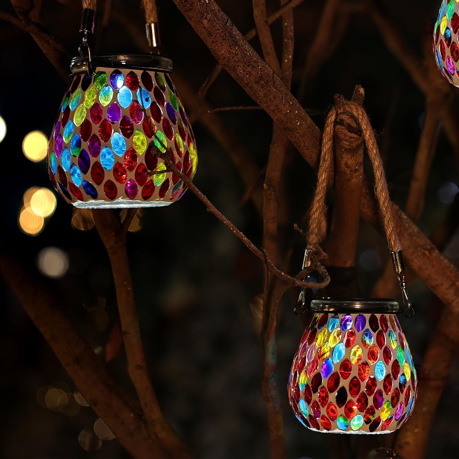 Cooo 2 Pack Mosaic Solar Lantern and 2 Pack Heavy Iridescent Crackle Glass Solar Lantern