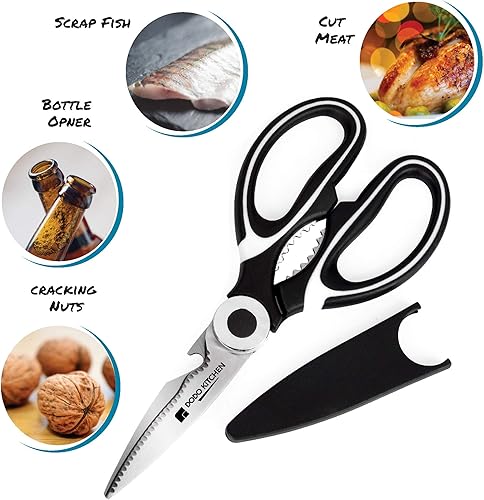 Miniatura 3 de Tijeras multifuncionales de cocina, tijeras de acero inoxidable de Dodo Kitchen + cortador de rueda de pizza, ultra afilado, cortador de alta