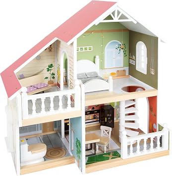 Small Foot Wooden Dollhouse with Roof Terrace & Furniture Modern Open Front Doll House with Bedroom, Bathroom & Kitchen Kids Role Play Toy for Ages 3+