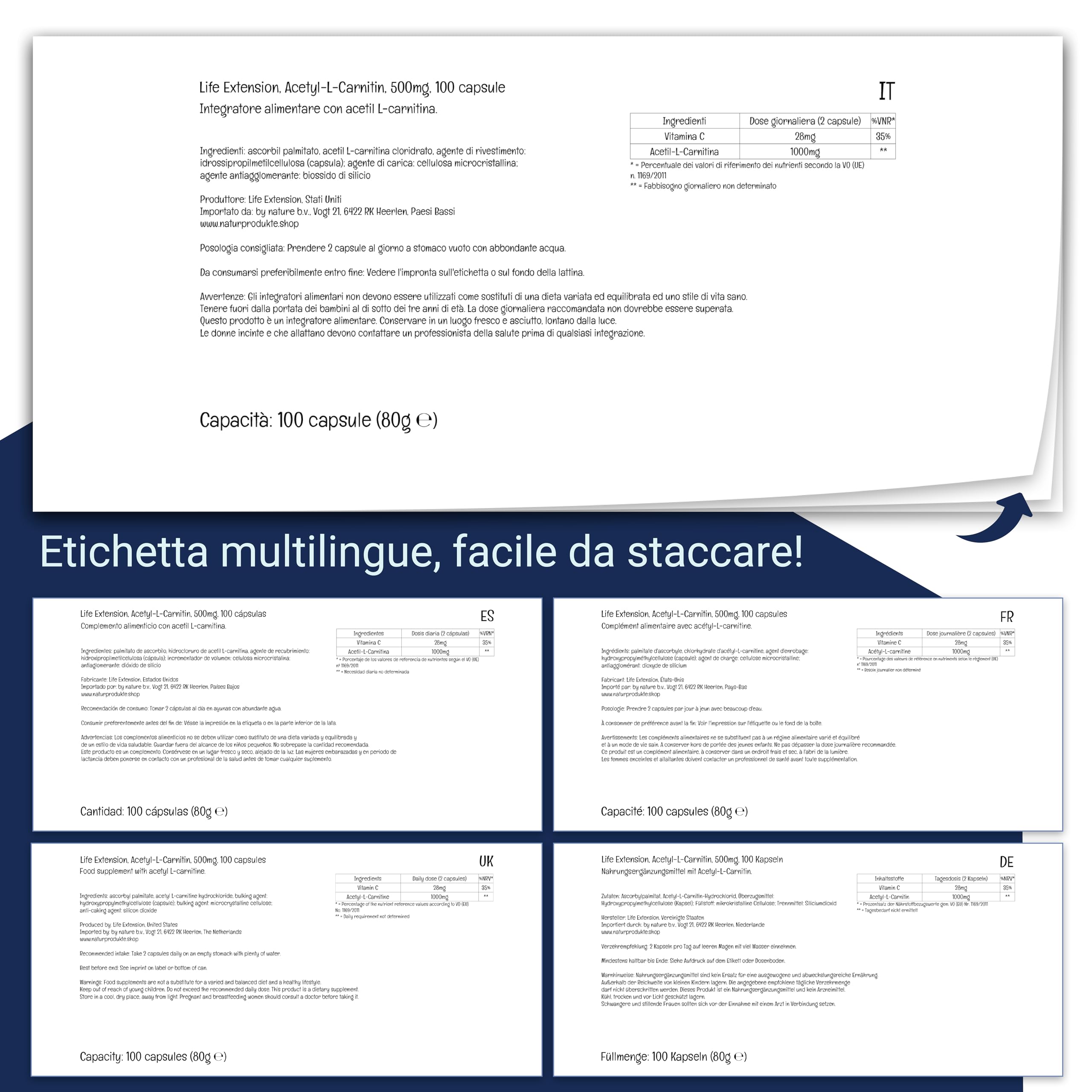 Life Extension, Acetyl-L-Carnitin, 500mg, con Vitamina C, Dose Elevata, 100 Capsule vegane, Testate in Laboratorio, Senza Glutine, Vegetariane, Senza Soia, Non OGM