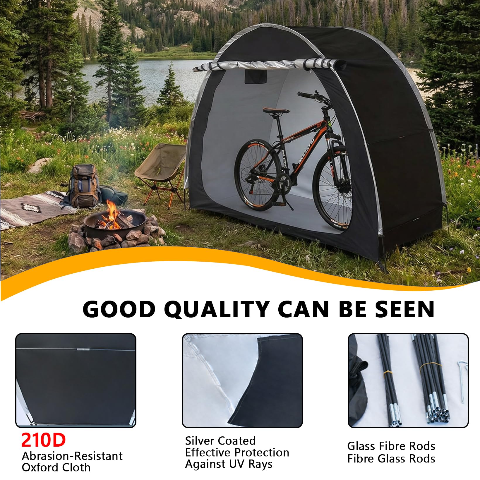 Fahrradlagerzelt für Fahrräder, Fahrradzelt 200 * 88 * 165CM, Außendurchführbares 210D Oxford Wasserdichtes Fahrradcover mit Lüftungsfenster, für Fahrräder, Rasenmäher, Gartengeräte(Schwarze