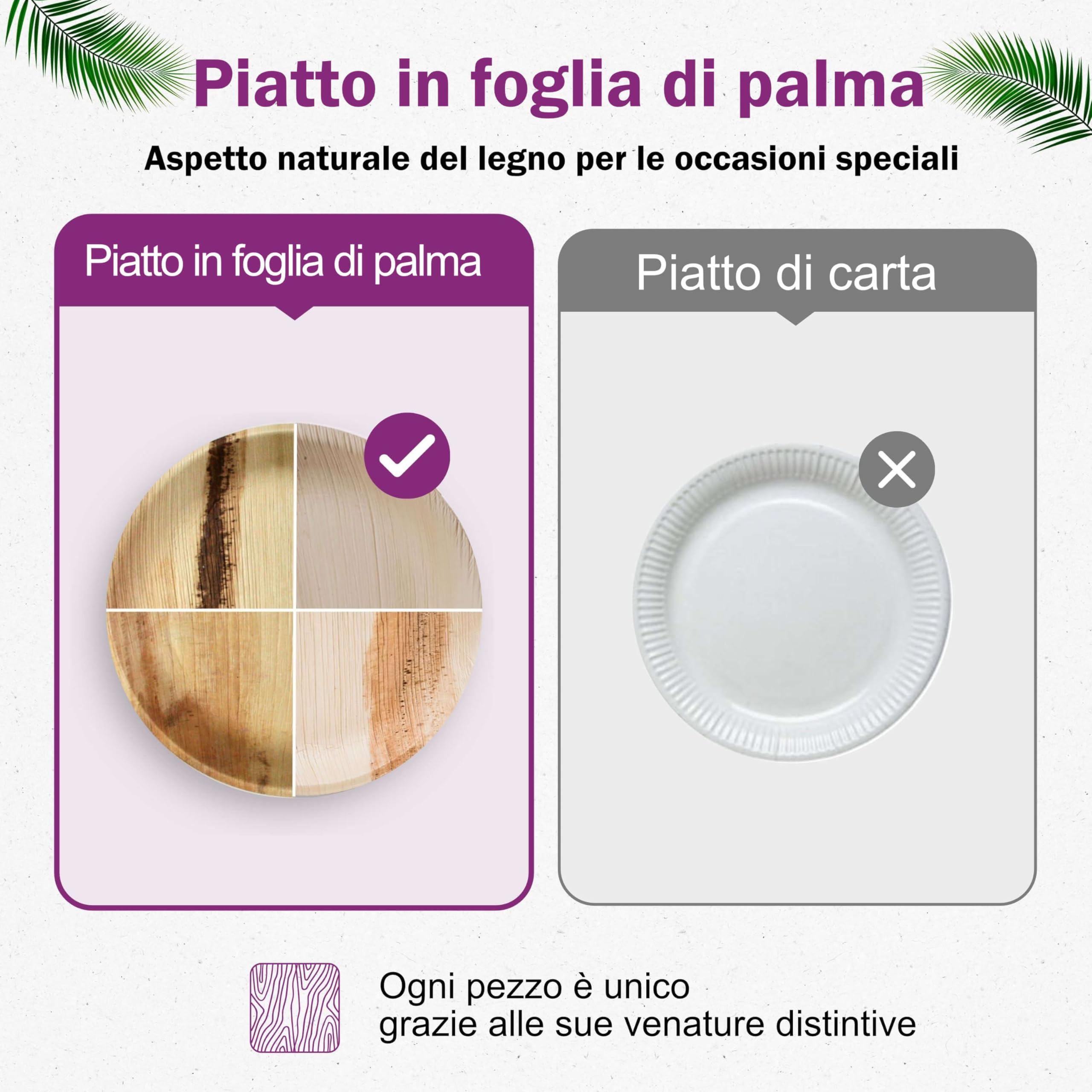 Piatti in Foglia di Palma Ecologici - 25 Pz Rotondi 15x15 cm - Piccole Stoviglie usa e getta Compostabili Eleganti - Leggeri e Resistenti - Simile al Bamboo e al Legno - Ideale per Feste