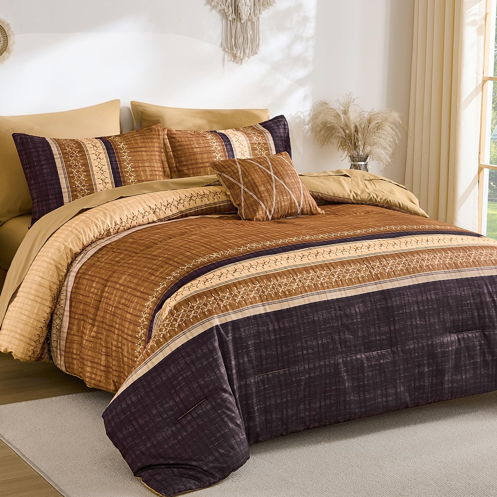 Dintszyayue Boho King Comforter Size Set, 8 Pieces Striped Texture Gold Purple Bed in a Bag Sets, Lightweight Soft Bohemian Comforter and Sheet Set, All Season Microfiber Bedding Sets for Men Women
