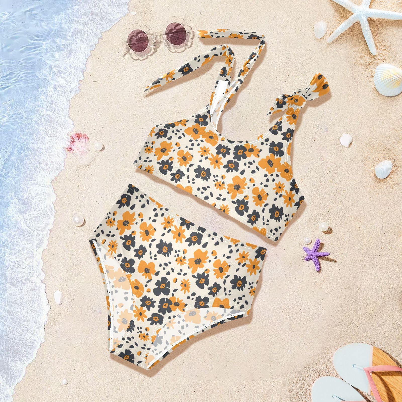 Leopard Print Flower Girls Two Piece Tankini Swimsuits Summer Bathing Suit Beach Swimwear Set, 7-8T