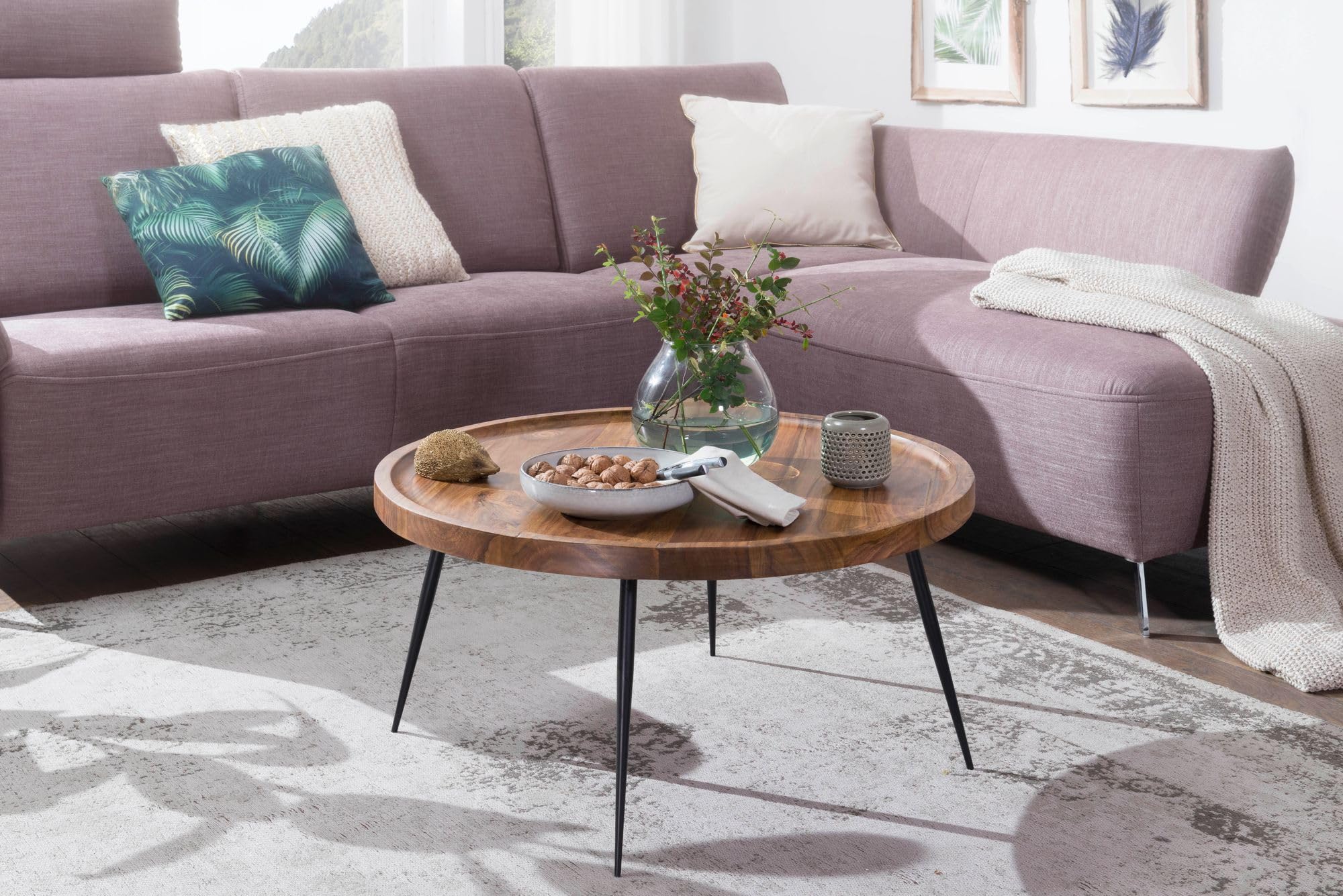 FineBuy Couchtisch Rund 75x75x39 cm Sheesham Massivholz, Metallbeine | Wohnzimmertisch im Industrial Stil, Sofatisch aus Echtholz, handgefertigt, jedes Stück ein Unikat