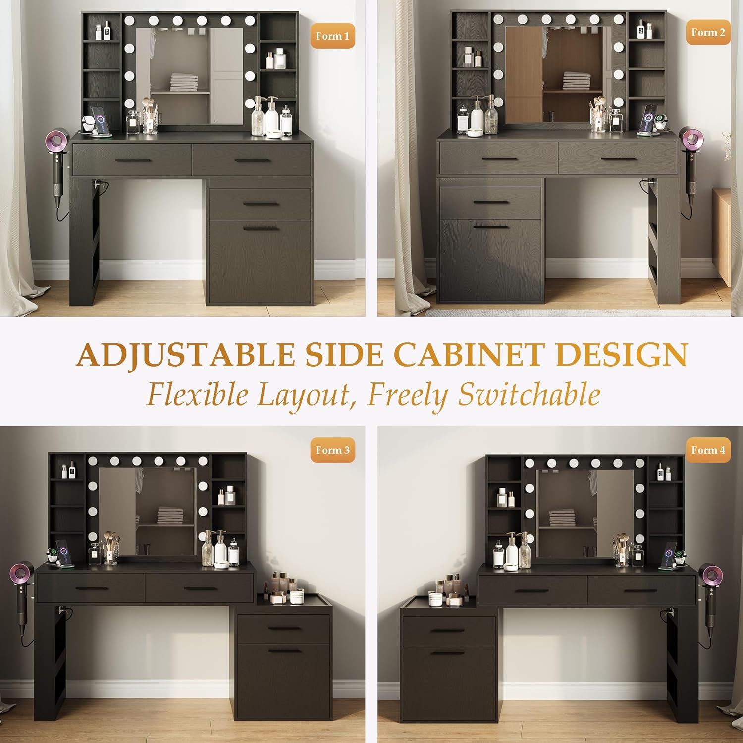 Vanity Desk with Mirror and Lights, Makeup Vanity with Lights 3 Colors, Vanity Table with 3 Drawers, 6 Shelves, 2 Side Shelves, Large Telescoping Side Cabinet, Power Outlet for Bedroom, Black