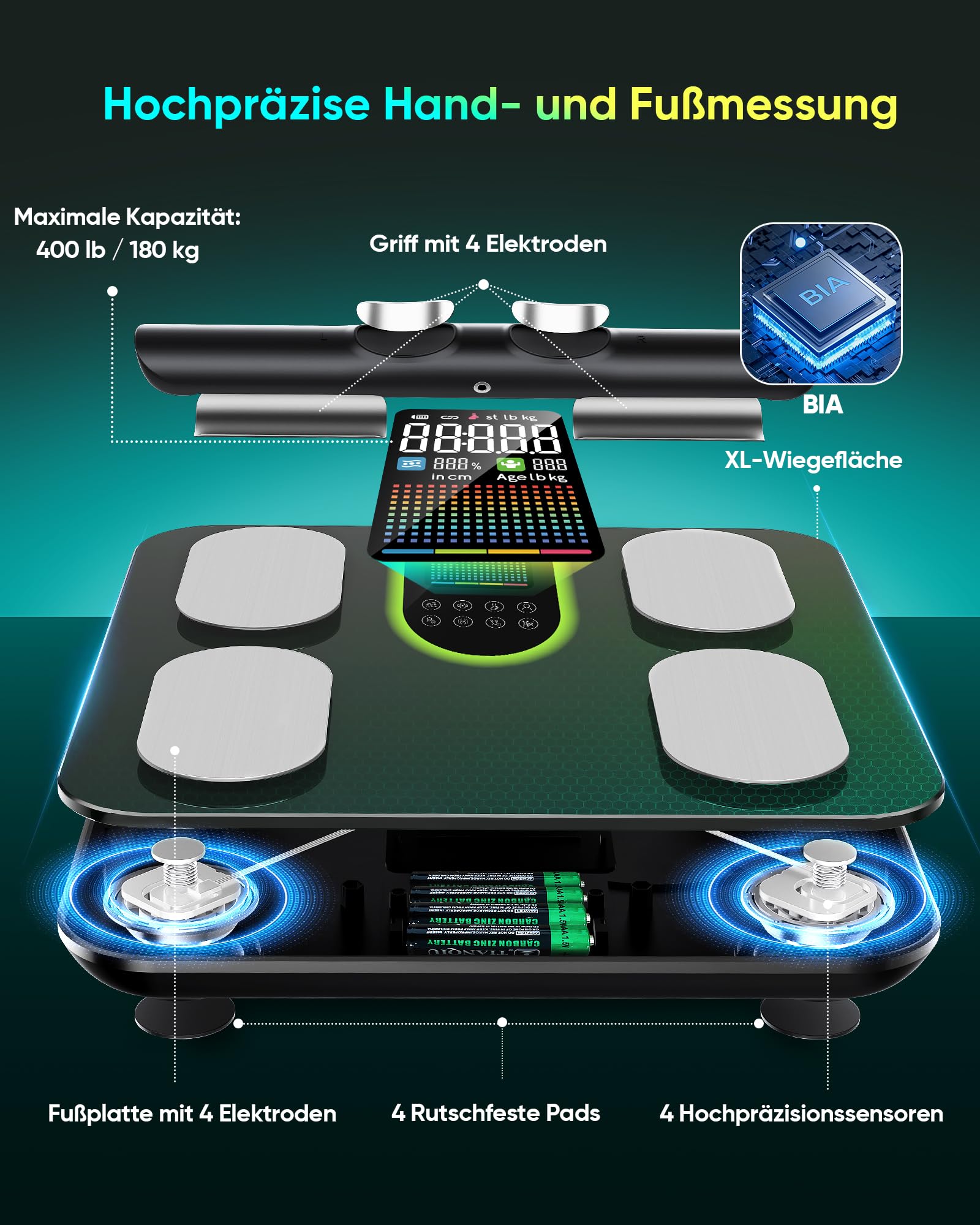 Körperfettwaage Personenwaage Digital 8-Elektroden Bluetooth App Smart Körperanalysewaage, 58 Körperdaten Fett, Muskel, Protein, BMI, BMR, Großes Display, Gehärtetes Glas, 180kg/400lbs, 24 Benutzer
