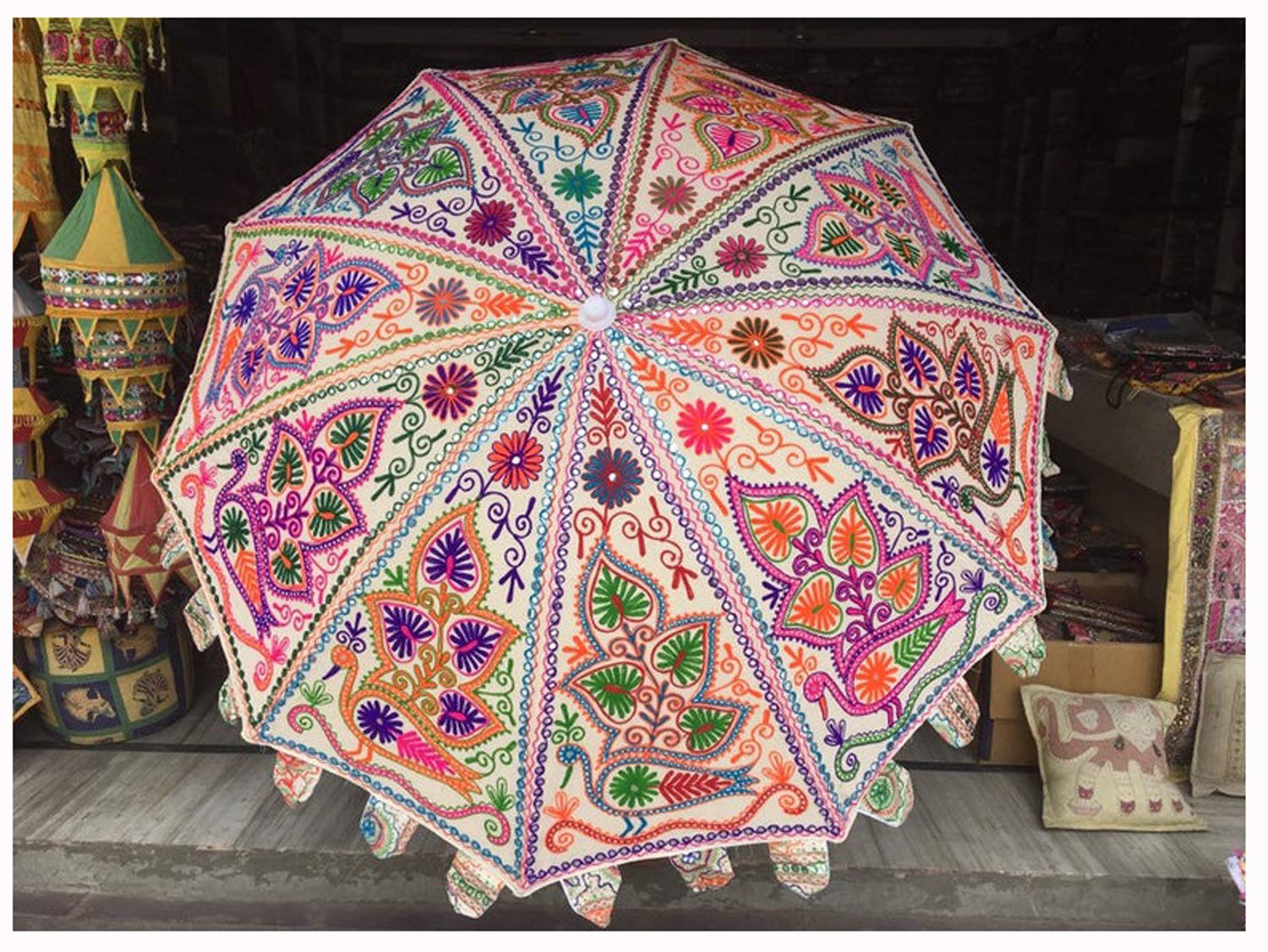 MarusthaliIndian Handmade Traditional Sun Shade Parasol Umbrella-mirror work Large Garden and Sun Umbrella, Indian Patios peacock umbrella, Beach Cafe Outdoor, Sun Shade Patio Umbrella (Multi color Embriodery)