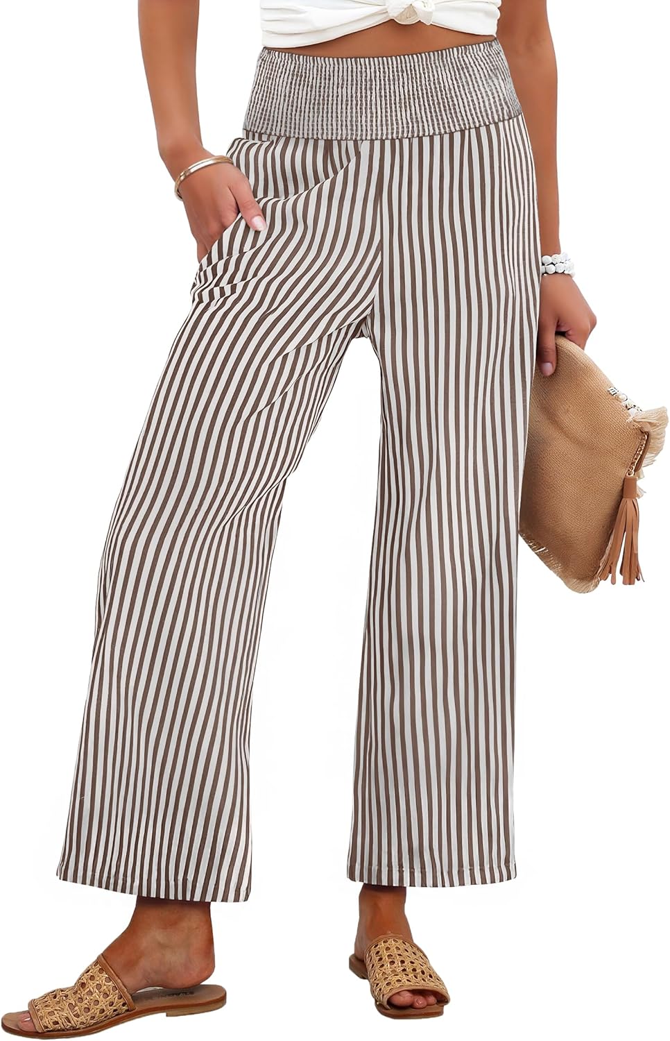 ANRABESS Women Striped Gingham Wide Leg Palazzo Pants Casual Lounge Cropped PJ Bottoms Comfy Cute Plaid Pants with Pockets