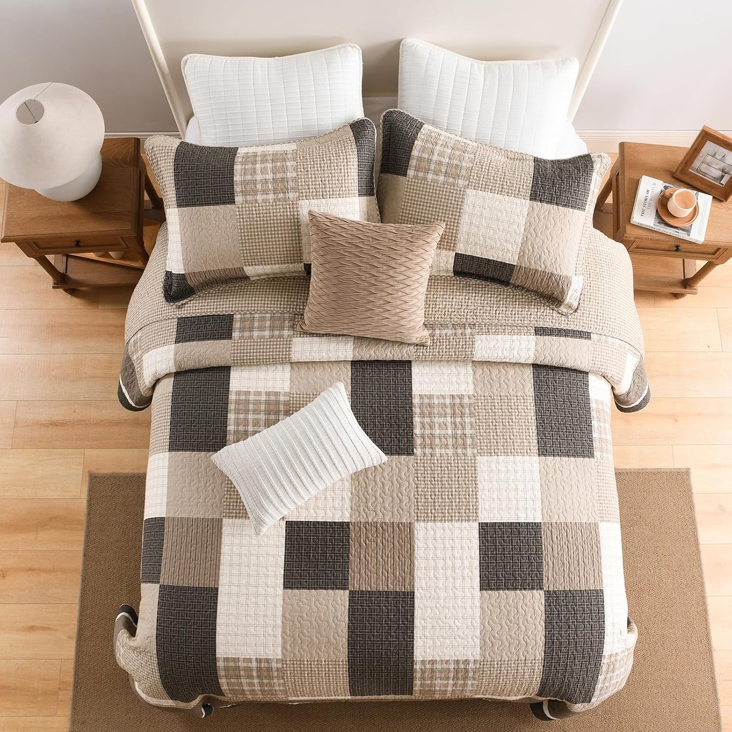 DDUOXIN Queen Bedspread 102" W x120 L - 100% Cotton Lightweight Oversized Quilt with 2 Pillow Shams, Farmhouse Plaid Reversible Bedspreads Coverlet Set, Brown/Beige/Oatmeal - Image 8