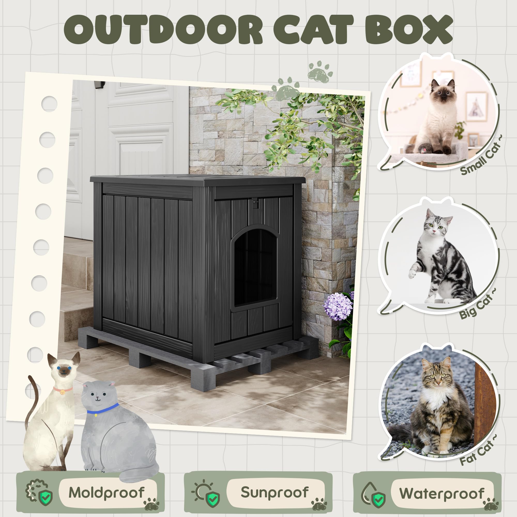Cat Litter Box Enclosure, Plastic Hidden Litter Box Side Table with Openable Front Door, Waterproof & Weatherproof Cat Box Enclosure Cabinet for Indoor & Outdoor Use (Black) - image 7