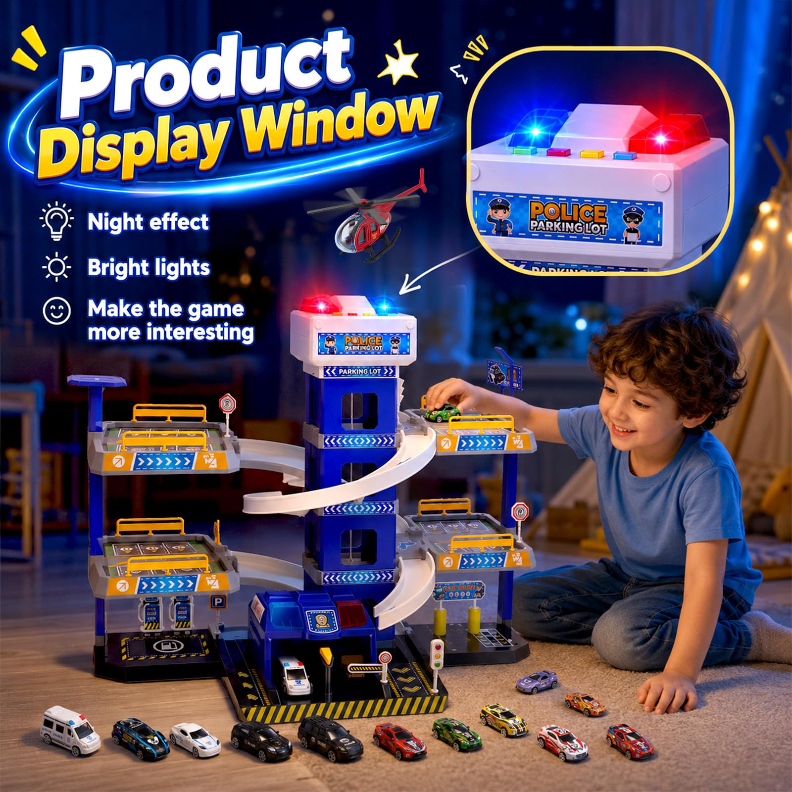 5 piani Garage per Bambini con Luci e Suoni, Parcheggio per Bambini con Ascensore, Giocattolo Garage Auto con Polizia, 14 Auto e 1 Elicotteri, Regali per Bambini 5-9 Anni, Blu