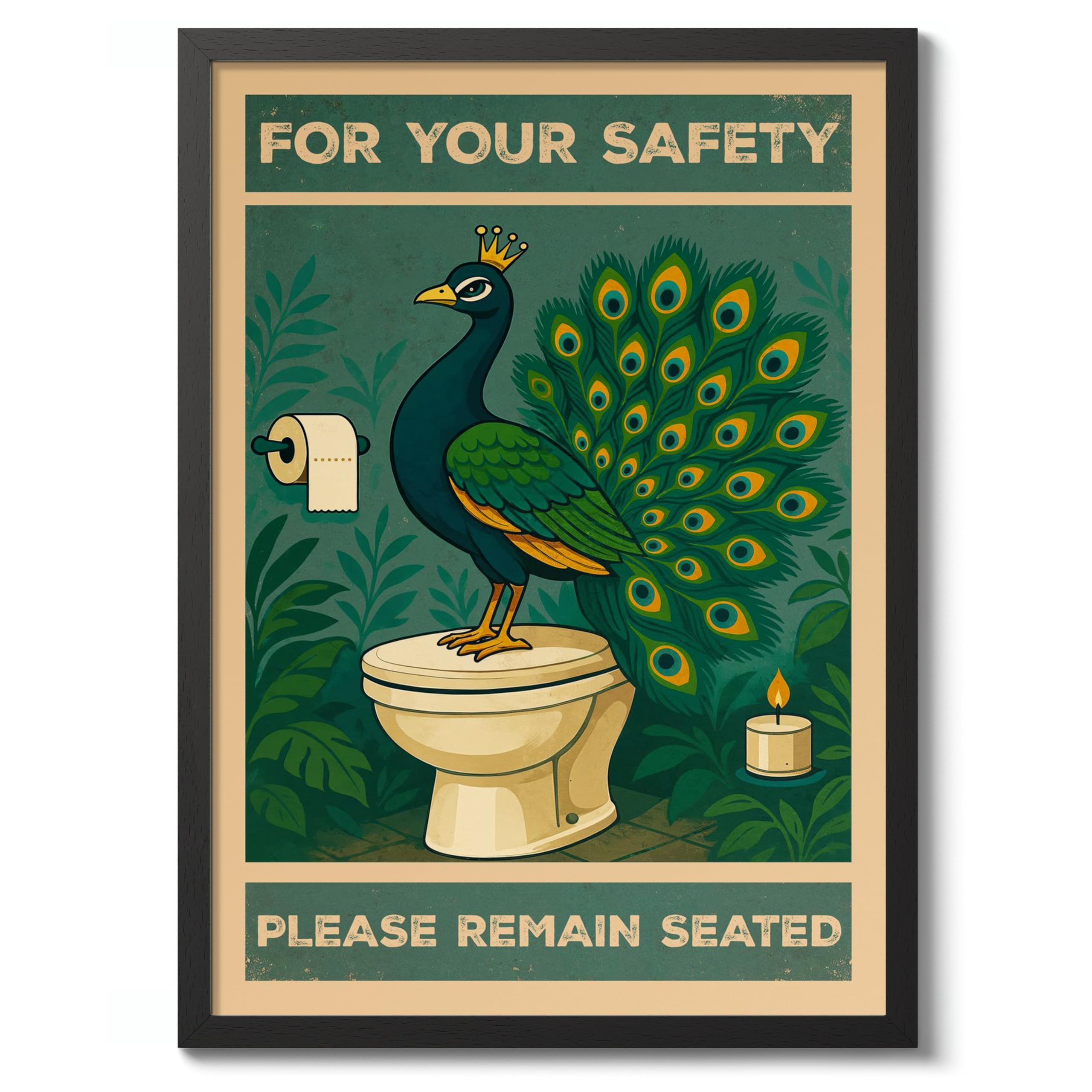 For Your Safety, Please Remain Seated Poster, Retro Animal Bathroom Print, Comedy Toilet Wall Art, A3 (Black Frame) - 45x32.8cm โ image 1