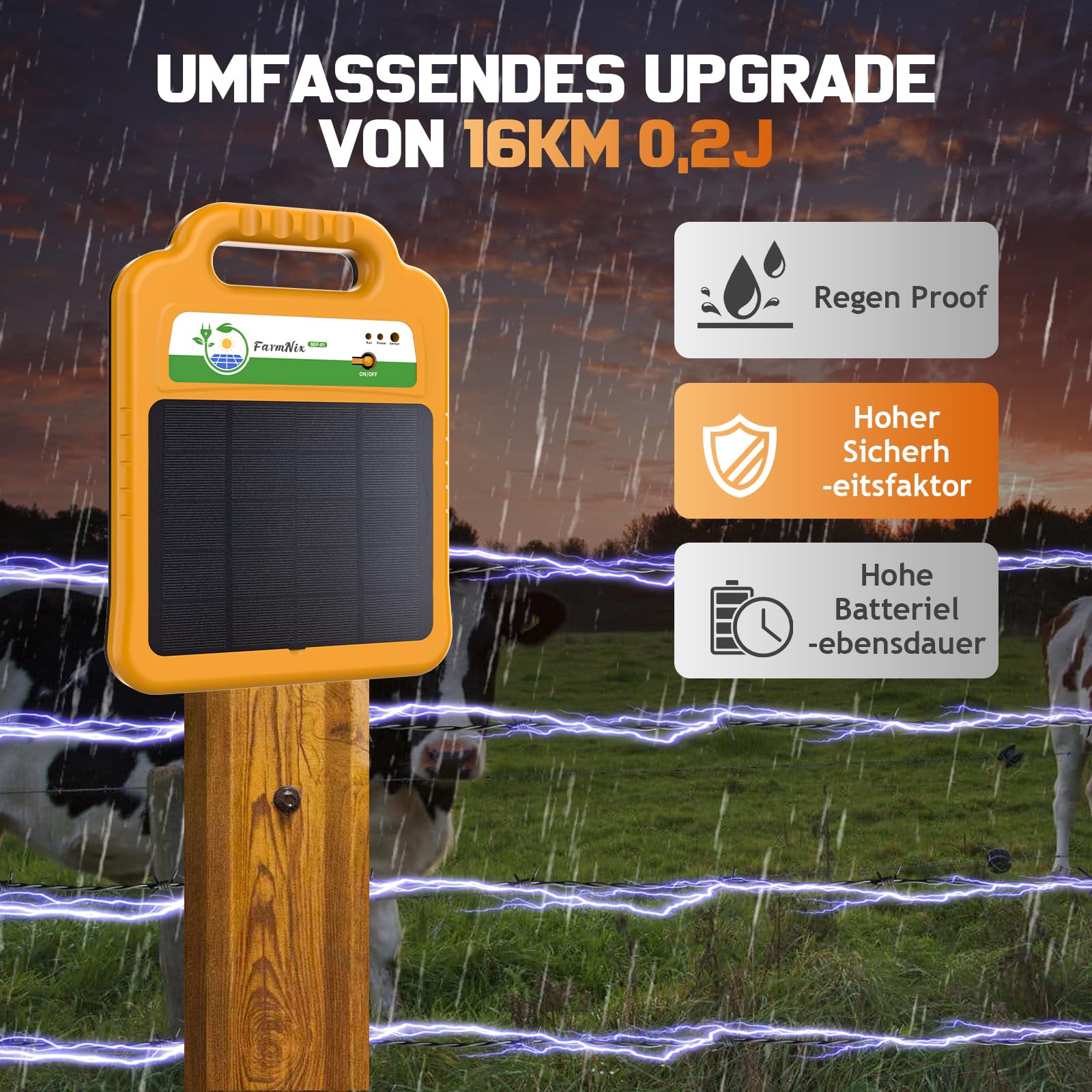 Solar Weidezaungerät für 16 KM Reichweite, 0,2J/8KV Elektrischer Zaunladegerät, Wasserdicht Elektrozaungerät für Schutz von Nutztieren, Haustieren, Geflügel (Orange)