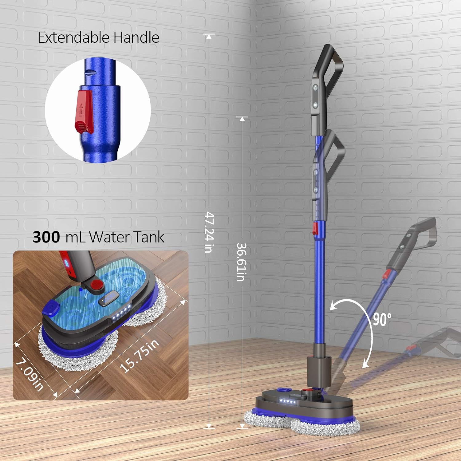 iDOO Cordless Electric Spin Mop, Spray Mop for Floor Cleaning with 265R/min Speed, Polisher with Built-in 300ml Water Tank for Hardwood & Tile & Marble & Laminate Floors, Scrubber with LED Headlight