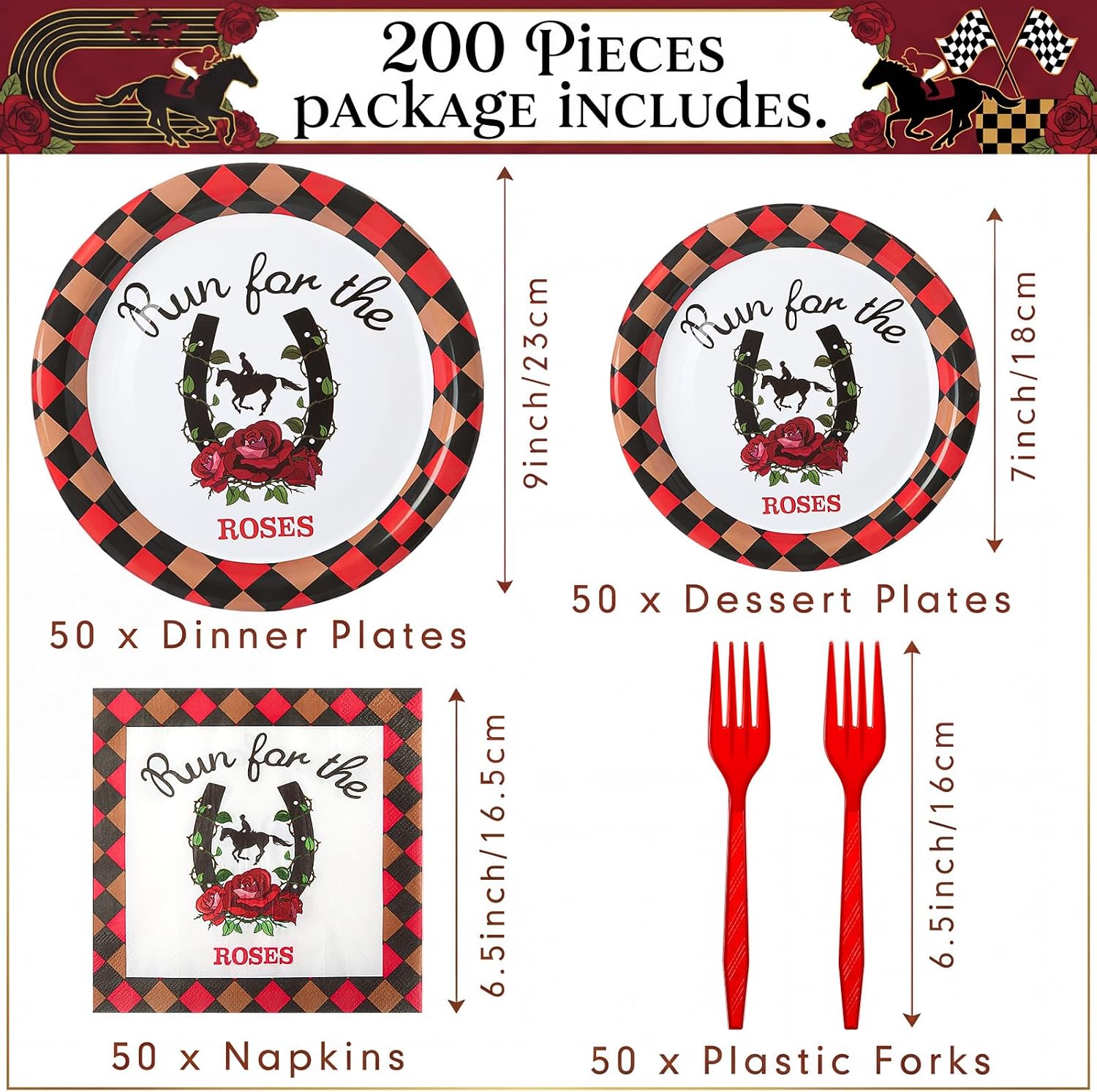 200 Pcs Derby Party Supplies, Horse Racing Tableware Set with Plates Napkins and Cutlery, 2026 Run for The Roses Theme Party Decorations (Plaid)