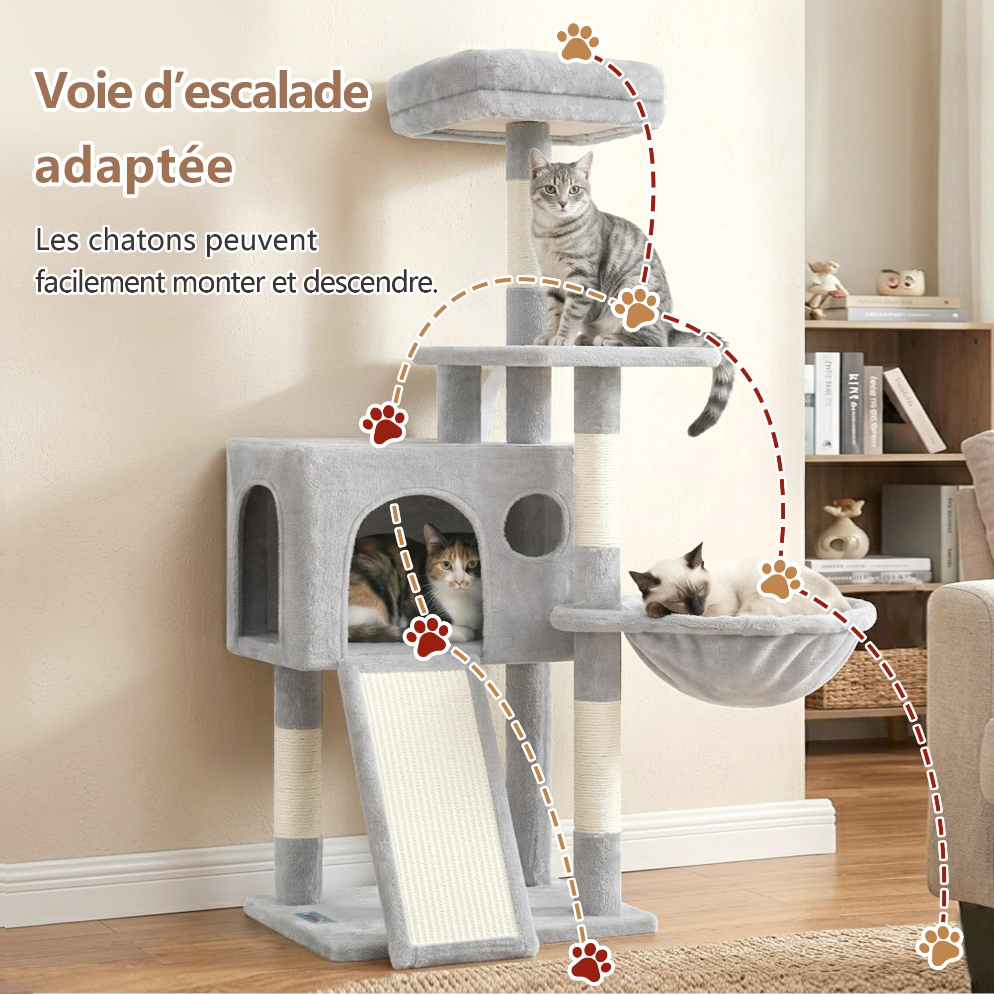 Gitelsnour Árbol Rascador para Gatitos, Torre de Gatos Interior de 107 cm, Árbol para Gatos con Postes Rascadores, Hamaca, Caseta y Pelota Colgante, Gris Claro GCT005SW