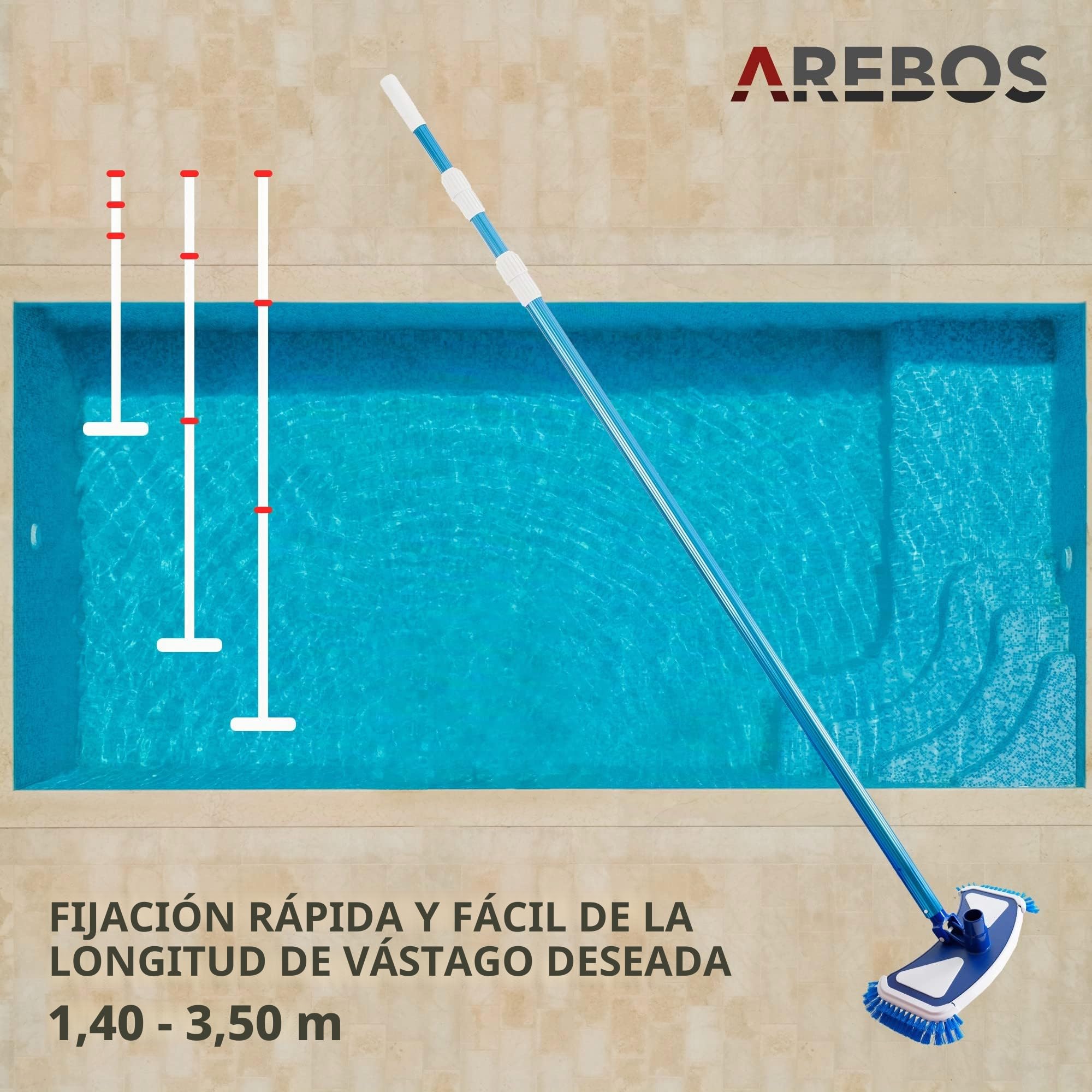 Arebos Cepillo de Piscina | Limpiador de Piscinas | Cepillo de succión | Pértiga telescópica | Aspirador de Piscinas con Manguera | Aspirador para Fondo de Piscina | Aspirador Manual para Piscinas