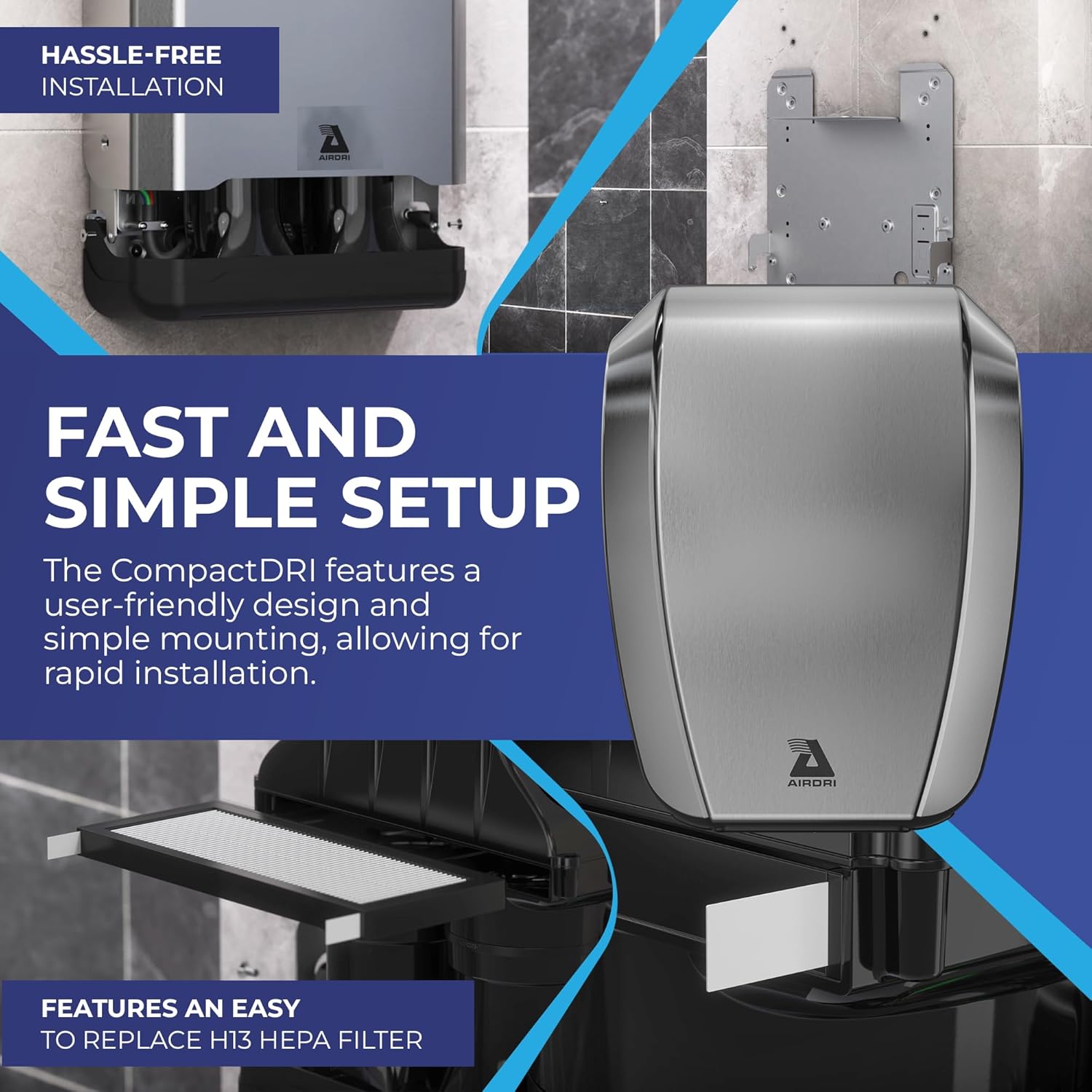 CompactDRI Automatic Hand Dryer - 1.0kW Low Noise Motor - 15-Second Dry Time - 70dBa Noise Output - ADA Compliant - Ideal for Commercial Spaces and Public Facilities - Stainless Steel