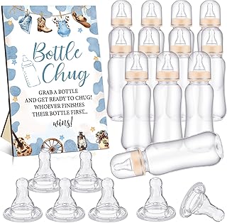 TrelaCo Cool Baby Shower Games Bottle Chug Sign and 12 Pcs Baby Bottle Shower Favor for Games Gender Reveal(Blue,Little Cowboy)