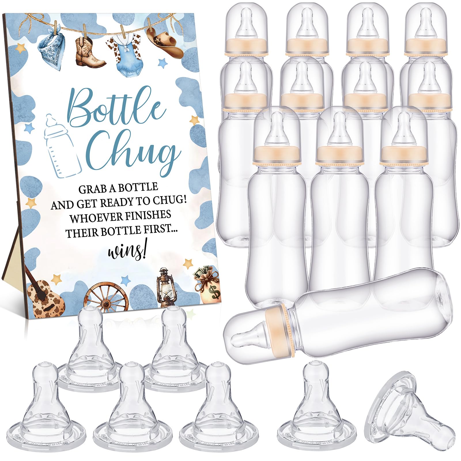TrelaCo Cool Baby Shower Games Bottle Chug Sign and 12 Pcs Baby Bottle Shower Favor for Games Gender Reveal(Blue,Little Cowboy)