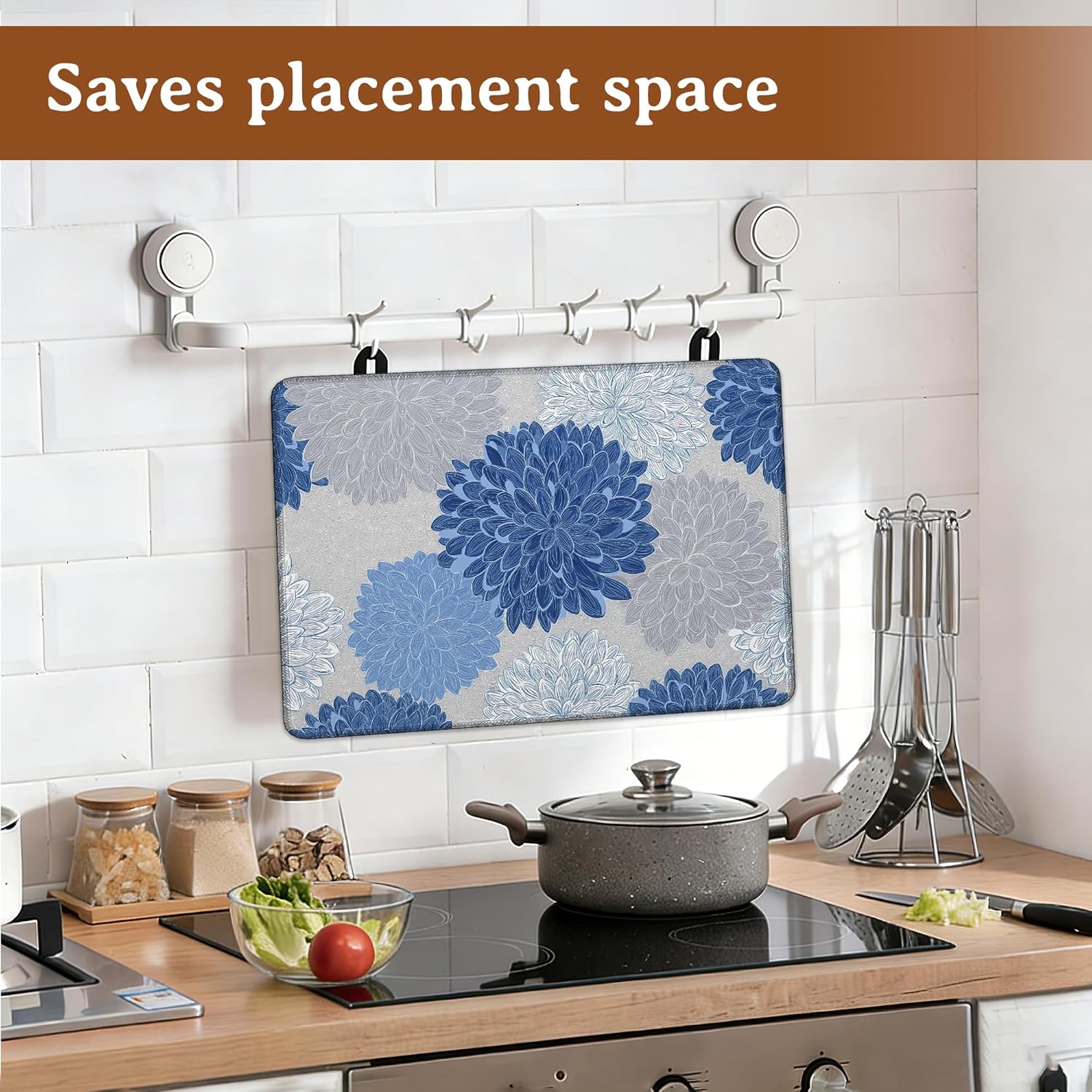 Blue Floral Stove Top Cover for Electric Stove,Dahlia Flower Heat Resistant Glass Cooktop Cover for Kitchen Countertop Protector Dish Drying Mat 28.5×20.5in