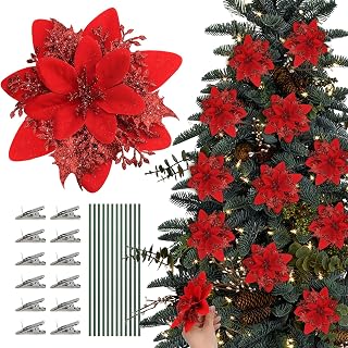 Red Poinsettias for Christmas Tree,12 Pcs Clip On Red Poinsettia Flowers Artificial for Christmas Tree, Christmas Flowers Decorations