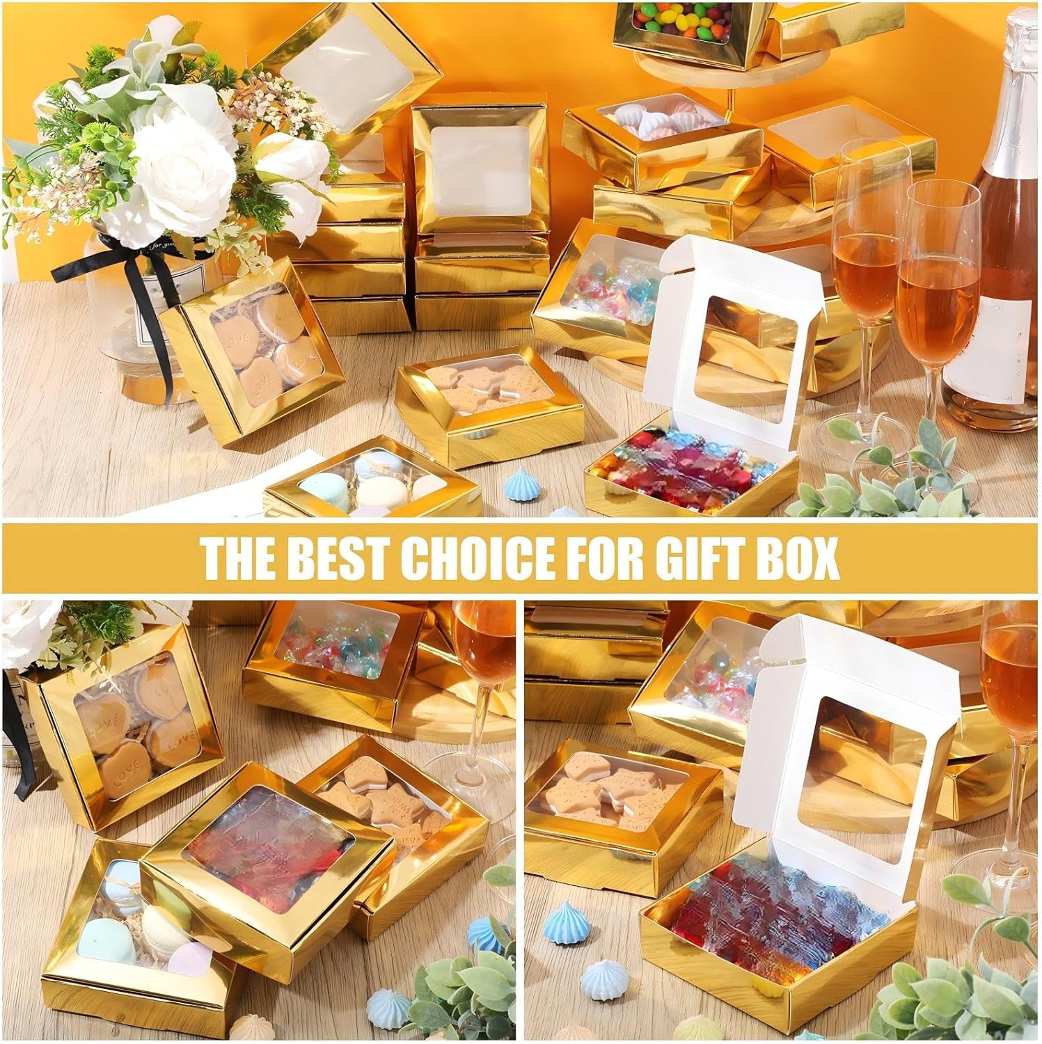 Zonon 60 Pcs Kraft Paper Boxes with Window 4.13 x 4.13 x 1.18 Inch Candy Packaging, Small Gift Boxes, Soap holder, Mini Treat Packaging for Bakery Chocolate Jewelry Display (Gold)