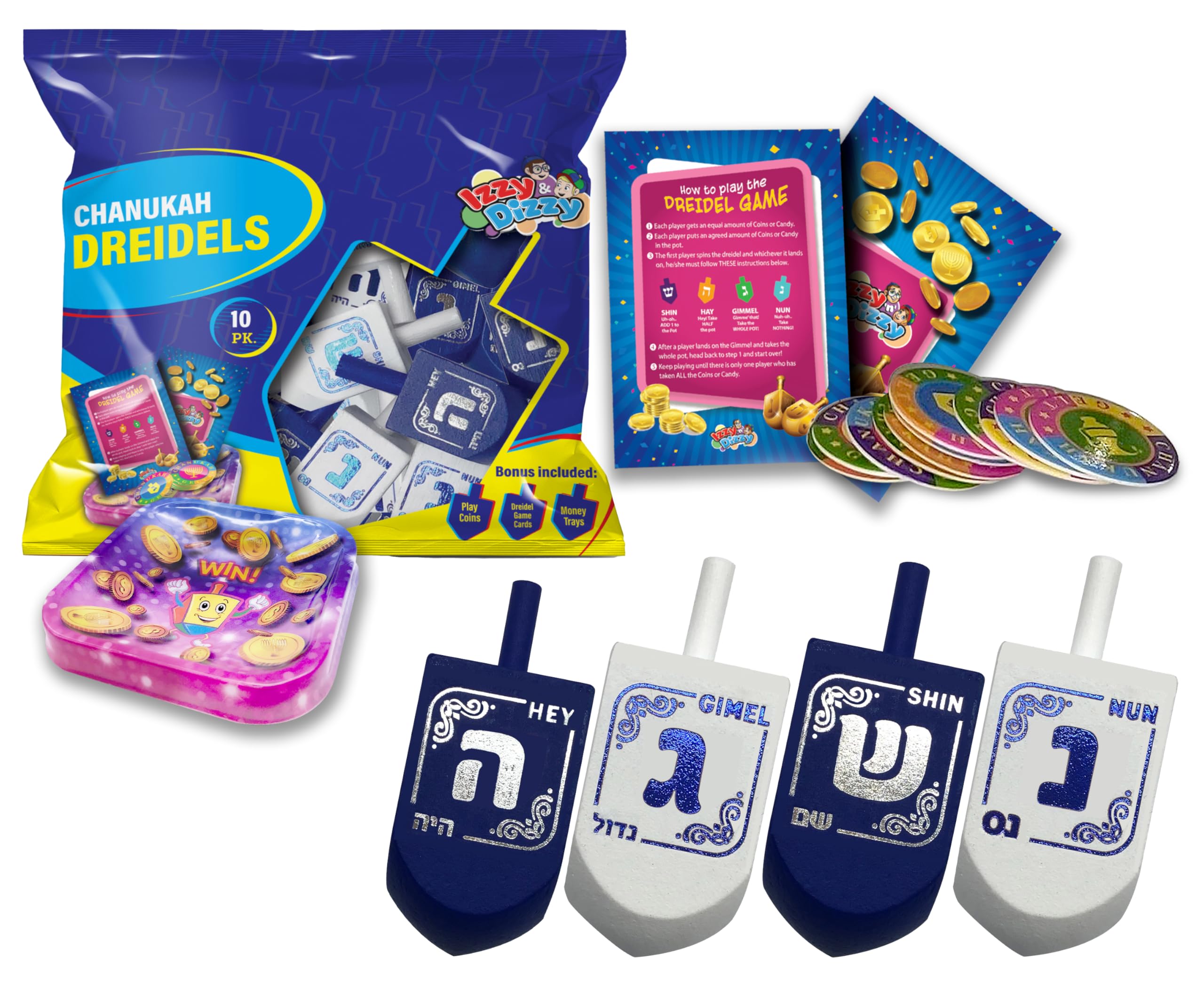 Hanukkah Dreidels - Blue and White Wooden Dreidel - 10 Pack Medium - Hand Painted - Game Instructions Included