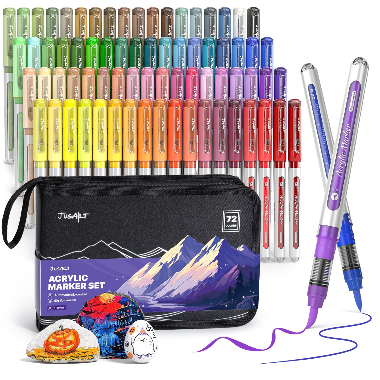 JusArt 72 Colors Acrylic Paint Markers Brush Tip, Automatic Ink Control | Water-Based Pai…
