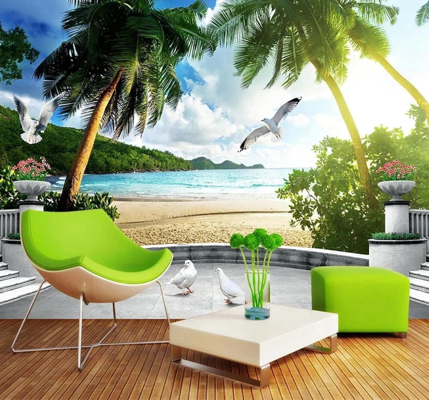 XLMING Beautiful Fresh Beach Balcony Seascape 3D Wallpaper Premium Textured Silk Study Dining Living Room Bedroom Sofa TV Wall Easy Install-350cm×256cm