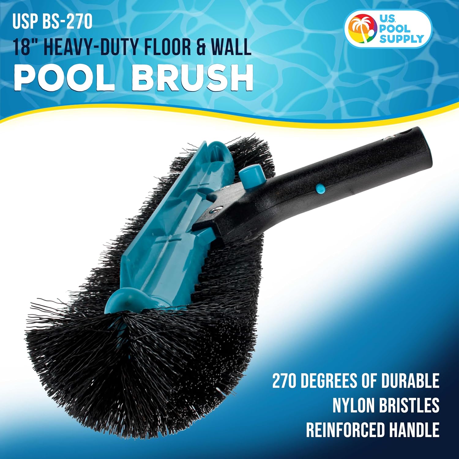 U.S. Pool Supply Pool Brush Head for Inground Pools - Heavy-Duty 18" Swimming Pool Brush with Pole Handle, 270° Bristle Scrub Brushes, Above Ground Cleaning Equipment Scrubber Cleaner Leaves Debris