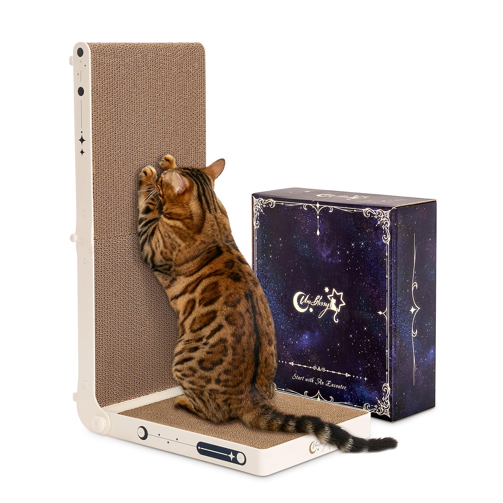 UniBlissy Cat Scratcher, 25.3 Inch Double Sided L Shape Cat Scratching Board, No Assembly Cat Scratch Pads with Ball Toy, Cat Scratchers for Indoor Cats & 3X Catnip, Large