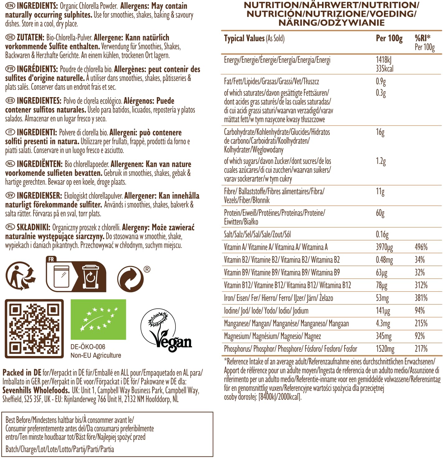 Sevenhills Wholefoods Poudre De Chlorella Bio 500g