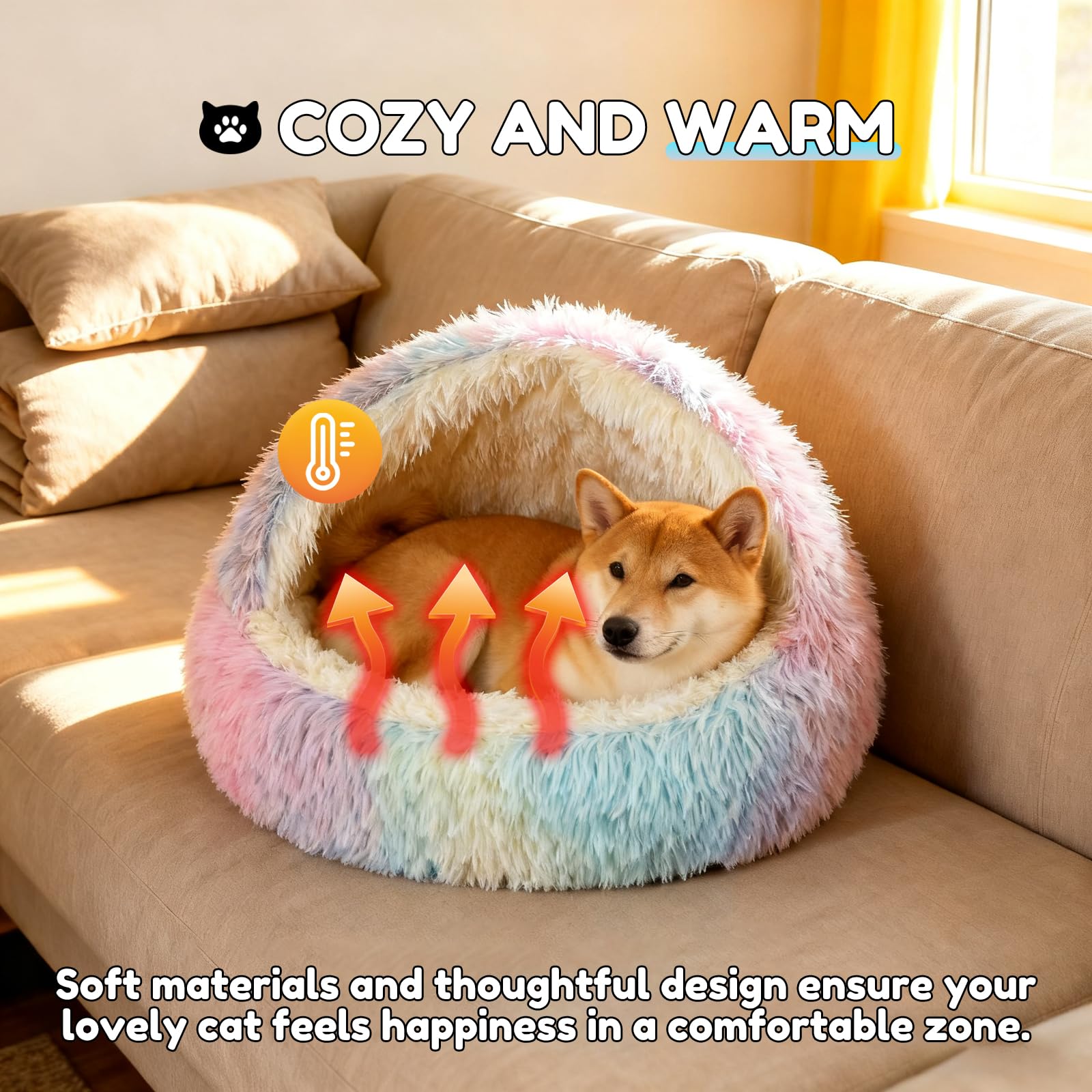 SUOXU Calming Small Dog Bed Large Cat Bed,Warm Cosy Plush Winter Indoor Dog Cave Bed,Anti Slip Bottom Machine Washable Anti-Anxiety Hooded Pet Sofa for Cats Dogs Under 10 kg (Multi-colored_65CM) - Image 3