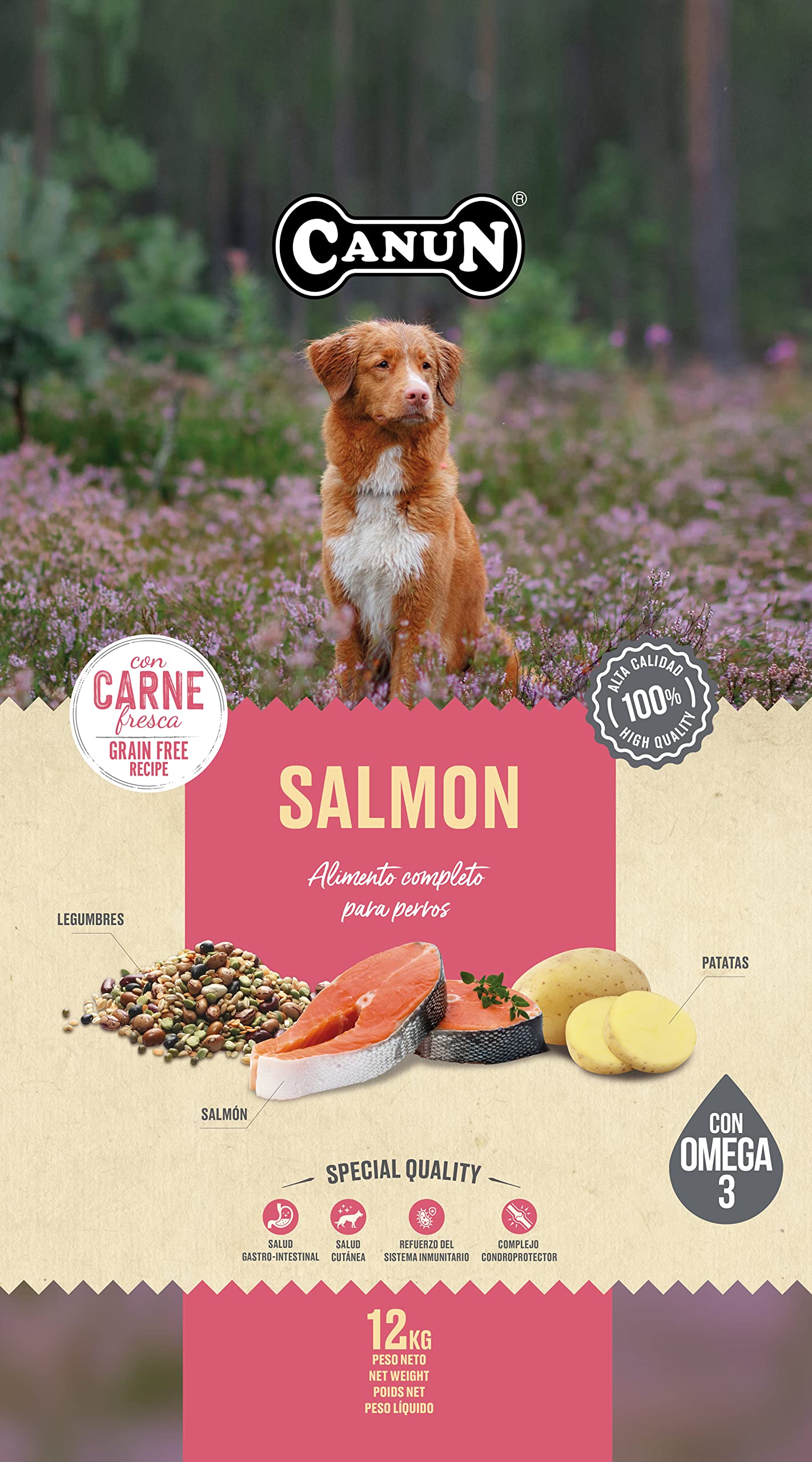 CANUN Pienso para Perros Adultos con Salmón Fresco Sin Cereales Alimento seco para Perros 12 kg Fresh Salmon