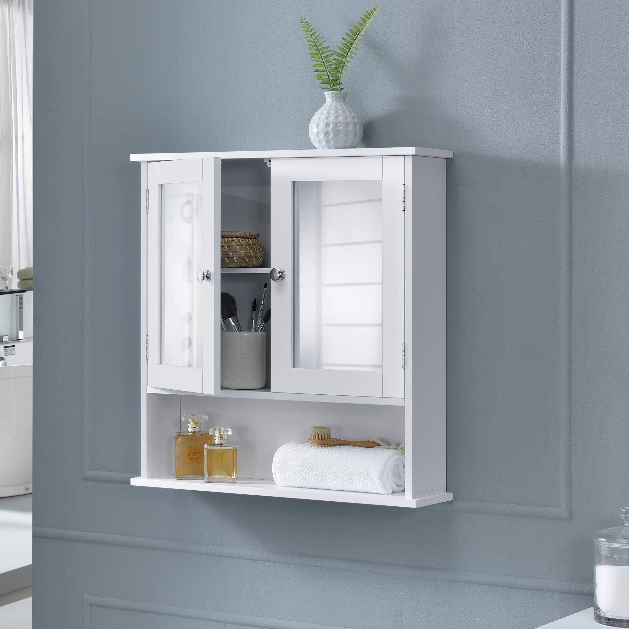 [en.casa] Armoire de Salle de Bain Vintage avec Miroir Meuble de Salle de Bain avec Porte 3 Surface de Stockage MDF laqué 58 x 56 x 13 cm Blanc