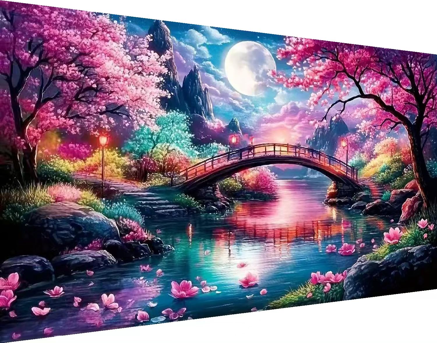 pchmcu 5D Large Diamond Painting,Cherry Scenery with Moon Bridge Large Diamond Art Kits for Adults,DIY Round Full Drill Crystal Rhinestone Arts and Crafts Home Wall Decor 27.5 X 15.7inch-image-16