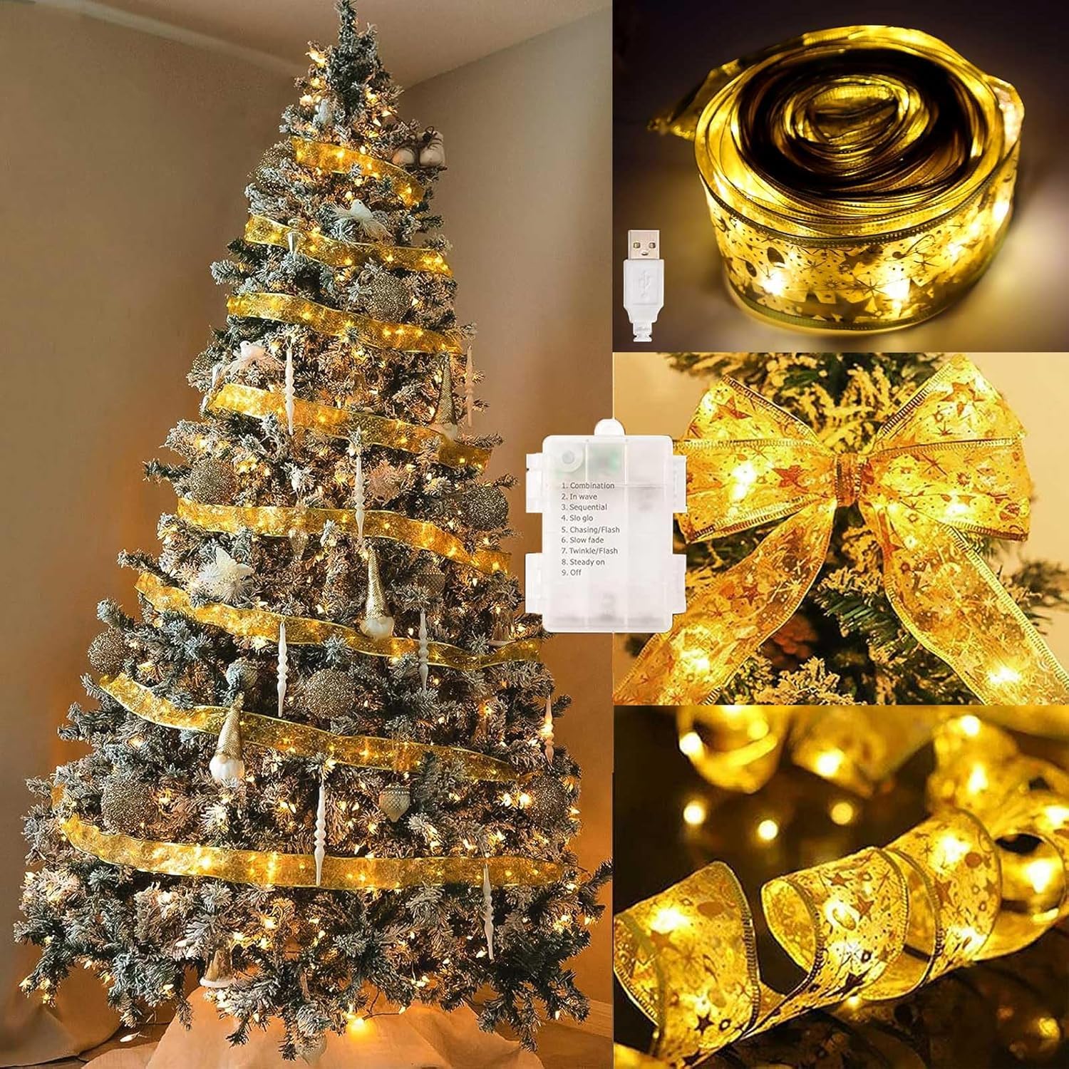 ORCHID M Christmas Ribbon Lights,10M 100 LED Gold Fairy Led String Lights for Xmas Tree,Double Layer Copper Wire Ribbon Bows for Christmas Party Weddings New Year Indoor Outdoor Hanging Decoration