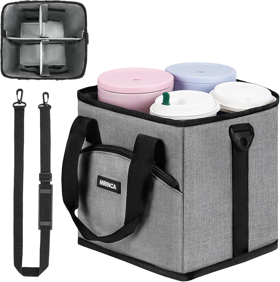 Reusable Insulated 4-Cup Drink Carrier with Handle, Gray | Collapsible beverage bag, no-spill base, adjustable dividers & shoulder strap, portable caddy for delivery, car and travel