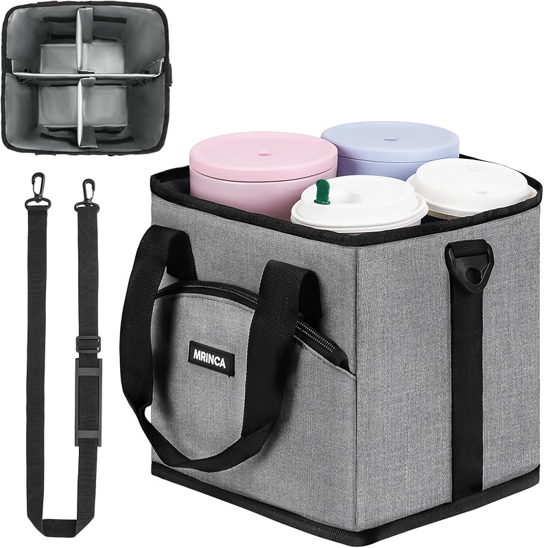Reusable Insulated 4-Cup Drink Carrier with Handle, Gray | Collapsible beverage bag, no-spill base, adjustable dividers & shoulder strap, portable caddy for delivery, car and travel