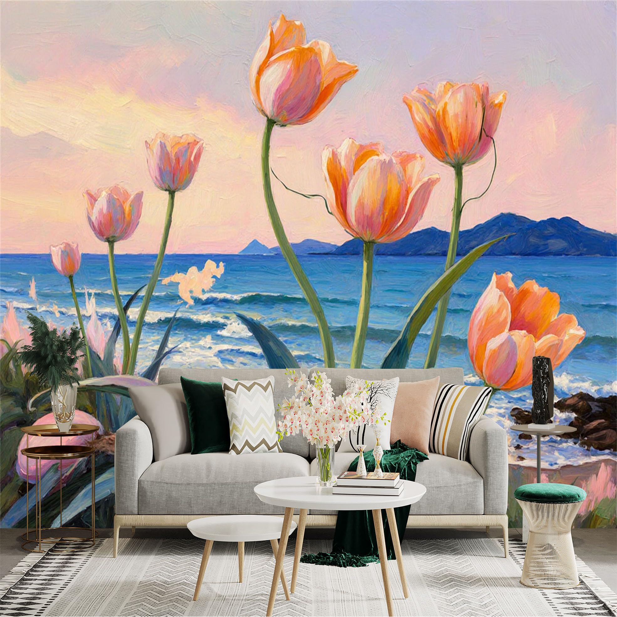 Lnzczhyre Xc260505574 Custom Size Wall Sticker Mural， Impressionist Orange Tulips， Beautiful Ocean Scenery， Tropical Seascape， Floral Art， For Wall Decoration， Peelandstick Wall Decals.