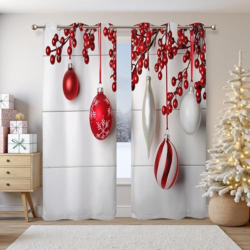 Renaiss Cortinas de Navidad, bolas rojas de adorno de Navidad y tablero de madera blanca de invierno de 42 pulgadas de ancho x 63 pulgadas de largo, Renaiss Cortinas de Navidad, bolas rojas de adorno de Navidad y tablero de madera blanca de invierno de 42 pulgadas de ancho x 63 pulgadas de largo,