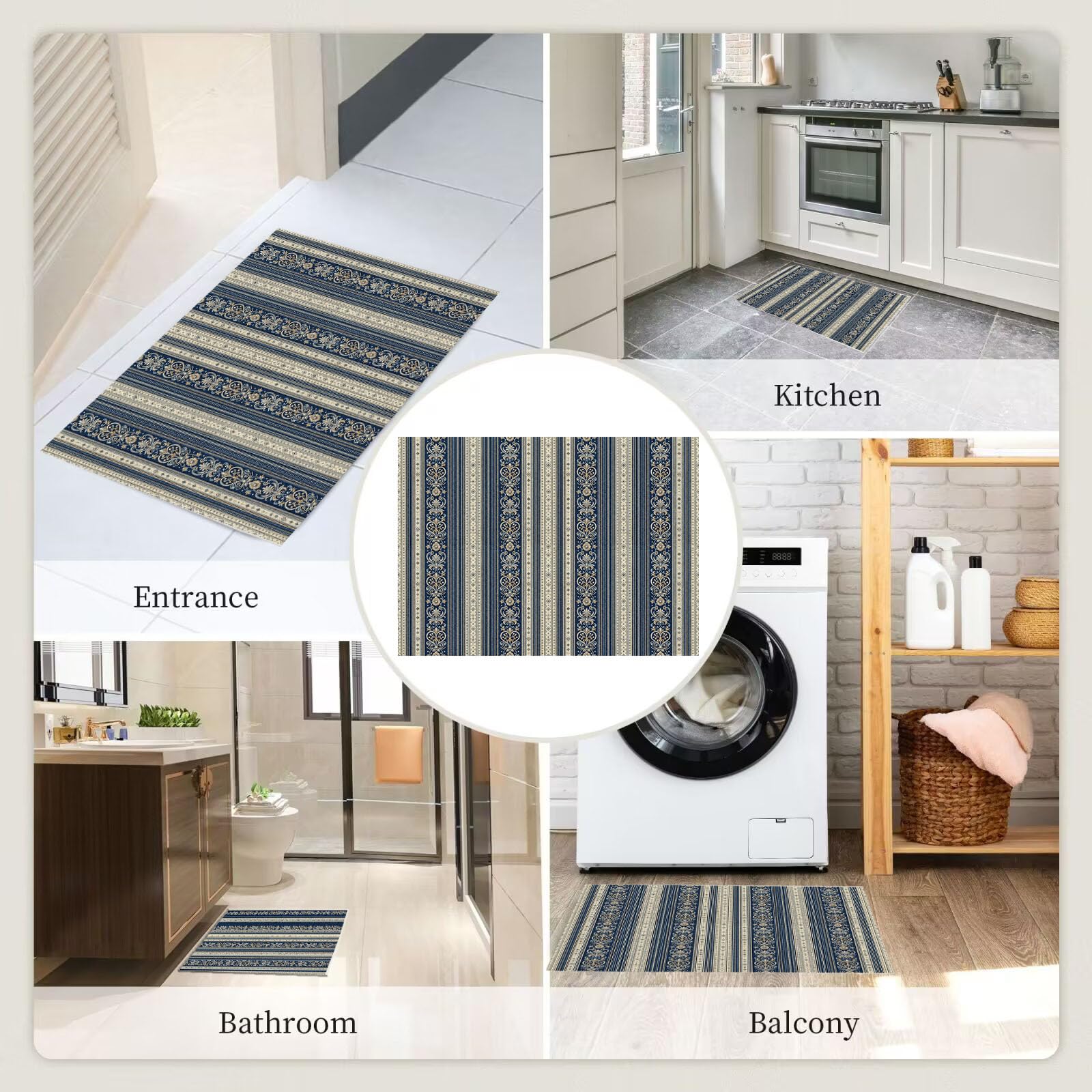 Zerbino Ingresso Interno Eleganti Righe Damascate, Zerbino Di Benvenuto Lavabile Morbida Geometrico Retrò, Antiscivolo Tappeto Da Decorazioni Beige Blu Per Casa Porta D'Ingresso, 90X150Cm