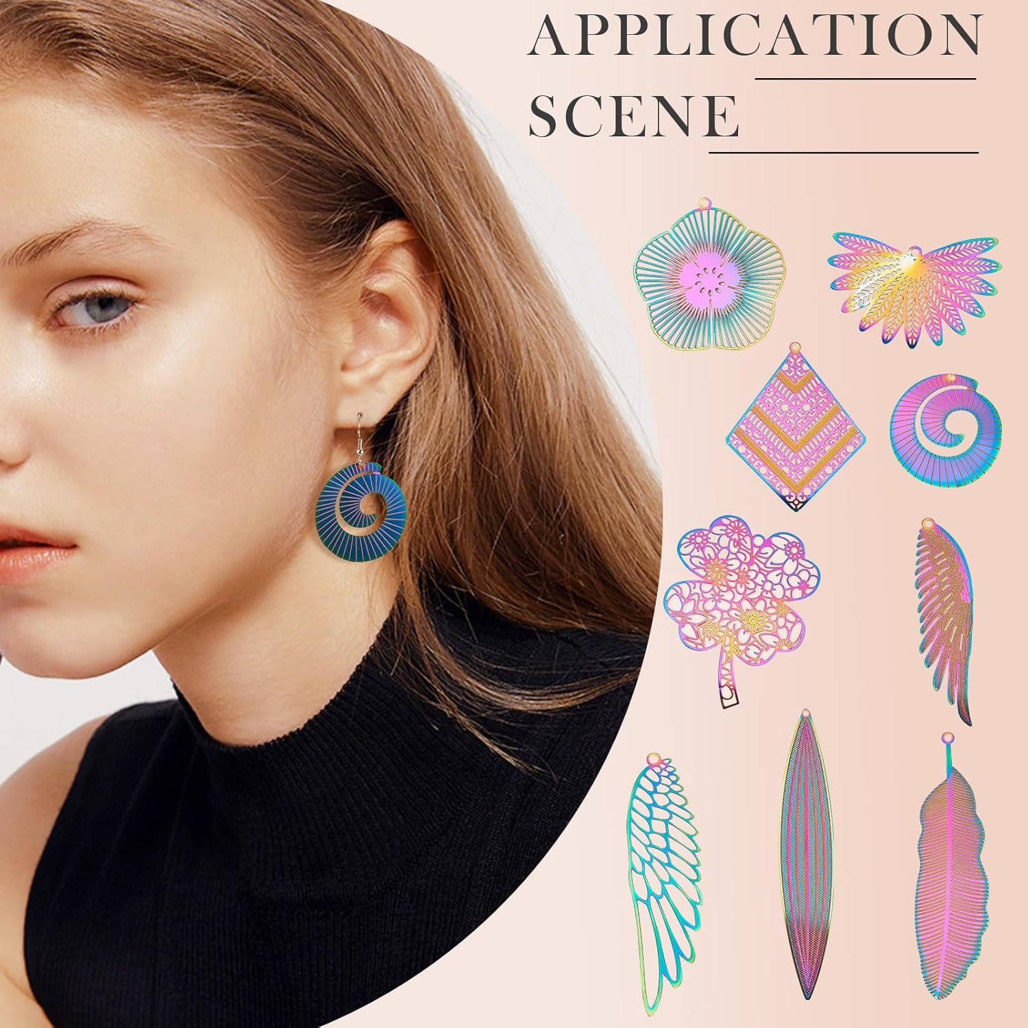 18 Pcs Rainbow Filigree Charms Stainless Steel Charms for Jewelry Making Hollow Flower Wing Feather Leaf Etched Metal Embellishments Pendants for Earrings DIY Crafts - Image 3